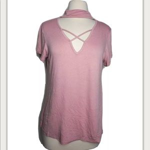 Color Swatch Top Pink Crisscross Choker Neck 1X